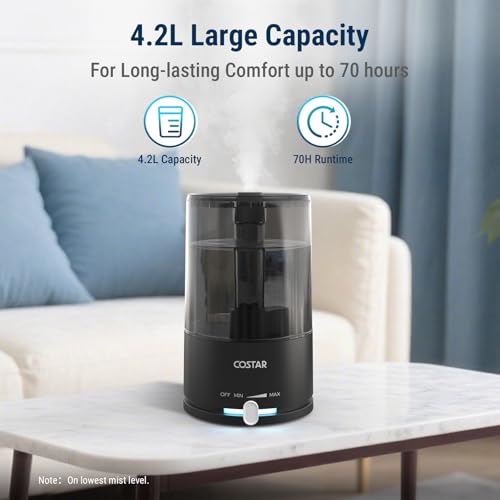 Image of COSTAR Humidifier for Room Moisture with 4.2 Litres Water Tank, Top-Refill Cool Mist Ultrasonic Humidifier for Home Bedroom Whisper-Quiet, Auto-Shut off, Effective Cold & Cough Relief, Black