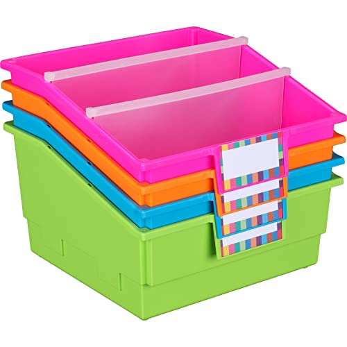 Image of Really Good Stuff Neon Picture Book Classroom Library Bins, 4 Pack | 13.5 inch x 13.5 inch x 7.75, Large Plastic Bin Organizers for Book Organization, Documents, Files, Magazines
