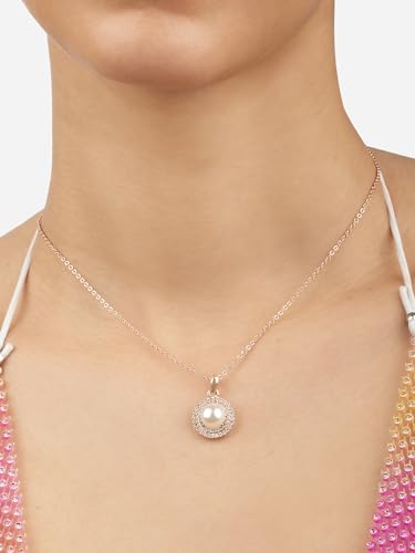 Women's Dazzling Cubic Zirconia & Pearl Brass Pendant With Chain
