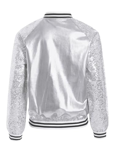 Kids Girls Metallic Sequins Baseball Jacket Long Sleeve Zipper Coat Outerwear for Hip Hop Performance4