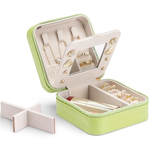 Vlando Small Faux Leather Travel Jewellery Box Organizer Display Storage Case for Rings Earrings Necklace with Mirror,Green A.Mirror Light Green