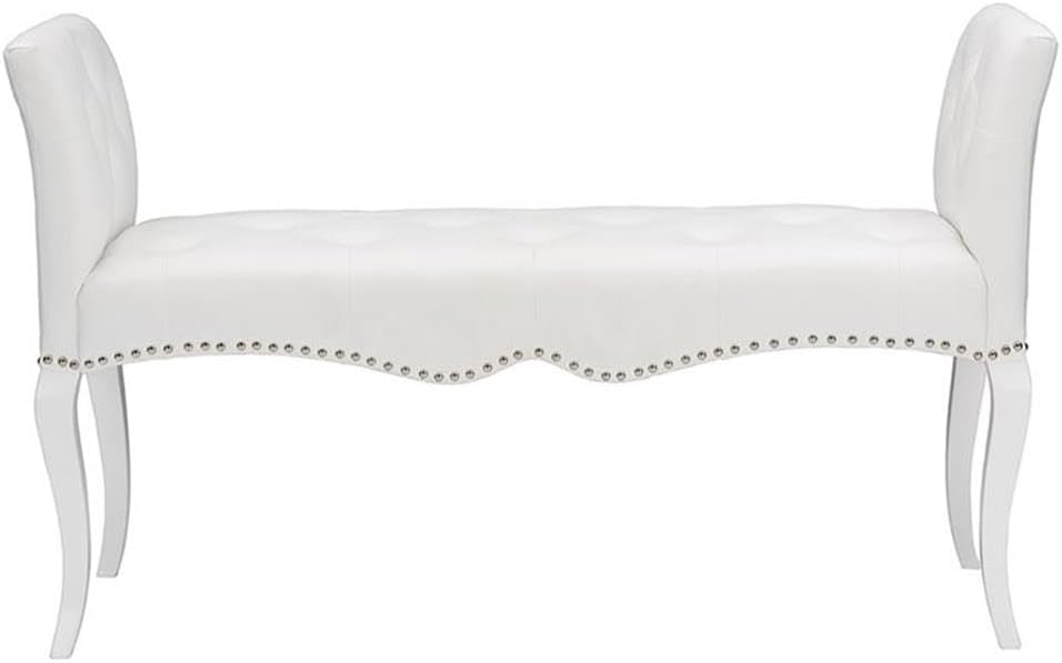 BOWERY HILL Contemporary Faux Leather Tufted Bench, White Finish, Hardwood and Plywood Frame, Button-Tufted Seat and Armrest, Silver Nail Head Trim, Elegant Living Room or Entryway Seating