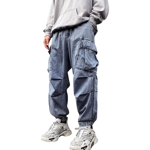 Men's Japanese High Street Multi-Pocket Blue Jeans Baggy Drawstring Tapered Cargo Pants Mens Tech Hip Hop Sweatpants