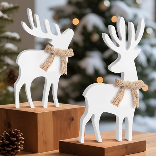 MSZWTDZX Wooden Reindeer Christmas Decor – 2PCS Farmhouse Christmas Mantel Decor, Book Shelf Decors, Tabletop, Fireplace Xmas Decorations Indoor(Burlap Bow)