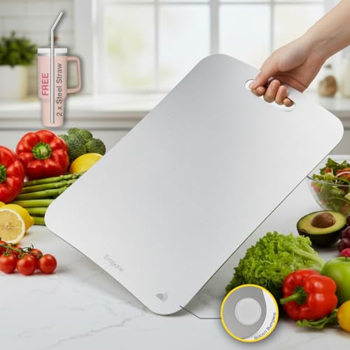 Image of 304 Stainless Steel Rectangular Chopping Board for Kitchen | with 2 Steel Straw & Anti-Skid Silicon Pad | Both Side Usable | for Cutting Vegetables, Meat | Large | 35 x 25 cm