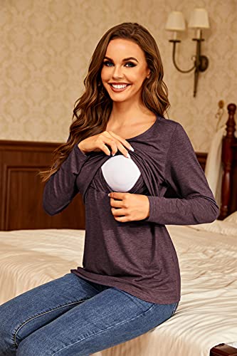 Ekouaer Winter Warm Nursing Shirts for Breastfeeding Long Sleeves Oversized Nursing Tops 3 Pack Pregnancy Clothes for Women Double Layer Postpartum Tops XL