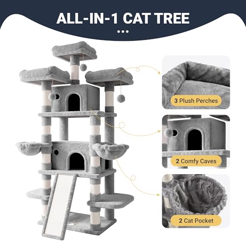 Image of Allewie 82 Inches Large Cat Tree /House /XXL Tall Cat Towers for Big Feline /Scratching Post /Multi-Level Large Kitty Climbing Tree with Condo /Light Grey