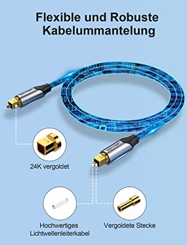 Image of VENTION Digital Optical Audio Cable Nylon Braided Fiber, Slim Metal Case, Gold Plated Plug, 3.3ft Toslink Fiber Optic Audio Cable for Sound Bar TV PS4 Samsung Vizio Bose LG
