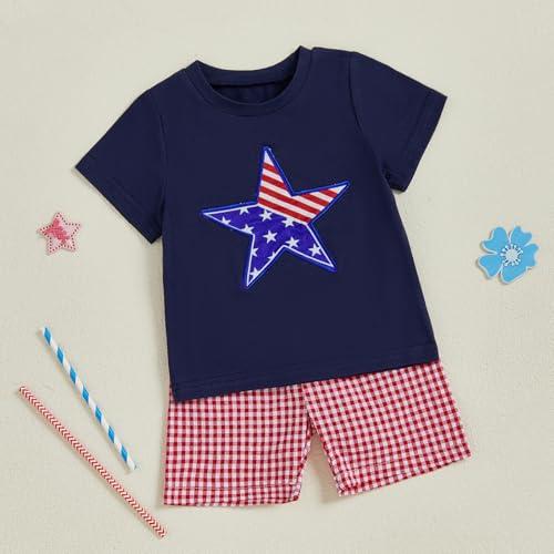Image of Kayotuas Fourth Of July Toddler Boy Outfit Baby American Flag Clothes Patriotic Shirt Striped Gingham Shorts 2Pcs Summer Sets