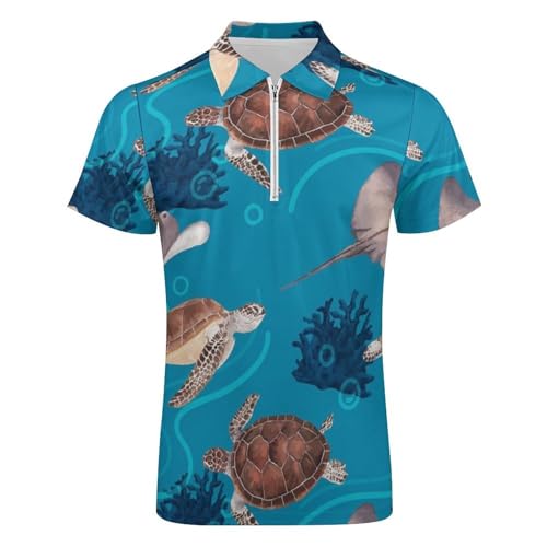 Mens Zipper Polo Shirts Short Sleeve Casual Golf Shirt Fashion, Watercolor Starfish Turtle Sea3