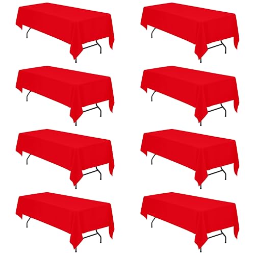 Image of BRILLMAX 8 Pack Red Tablecloths 60x126 Inch for 8ft Rectangle Tables | 150 GSM Polyester Fabric, 15 inch Standard Drop, Water, Stain & Wrinkle Resistant Cloth Cover for Wedding Reception Banquet Party