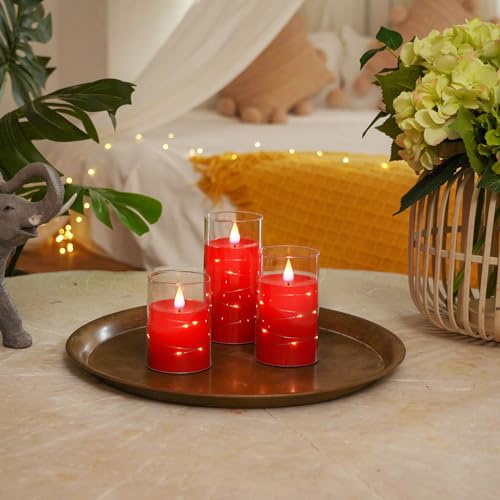 Image of Homemory Flickering Flameless Candles with String Lights, Battery Operated Candles, Embedded String Lights LED Candles, Unbreakable Plexiglass Candle with Remote, Set of 3, Red