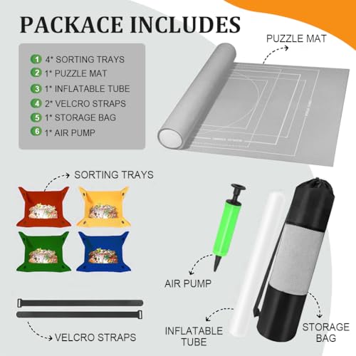 Image of PATPAT Felt Puzzle Floor Mat Puzzle Storage Mat for 1500 Count Jigsaw Puzzle Pieces, with 4 Puzzle Pieces Organizer Tray, Air Pillar, Air Pump, Fastener Strap, Storage Bag, No Jigsaw Puzzle Included