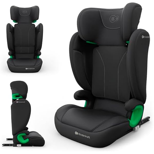 Kinderkraft JUNIOR FIX 2 PRO — автокресло для детей ростом 100–150 см, крепление ISOFIX или ремнями безопасности, система H-GUARD, боковая защита SPS, регулируемый подголовник, обивка AIR FLOW, черный