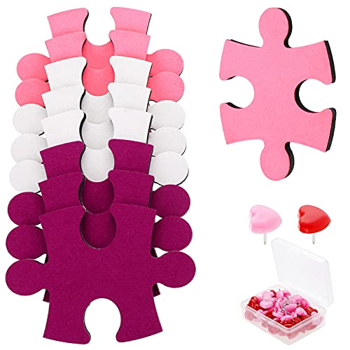 HonGien 9 placas autocolantes em forma de quebra-cabeças de feltro (rosa) com 50 pinos de pressão em forma de coração para fotos, memorando, imagens, desenho, decoração de parede colorida