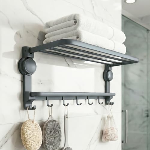 Image of Amazon Basics Suction Towel Rack for Bathroom | Rustproof Wall - Mounted Towel Holder with Hooks | Strong Vacuum Grip, No Drilling Required Grey