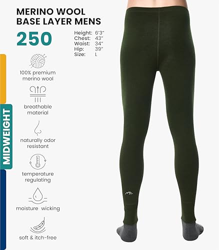 Image of Merino Wool Base Layer Mens Bottom Pants 100% Merino Wool Heavyweight, Midweight, Lite Thermal Underwear Long Johns and Socks