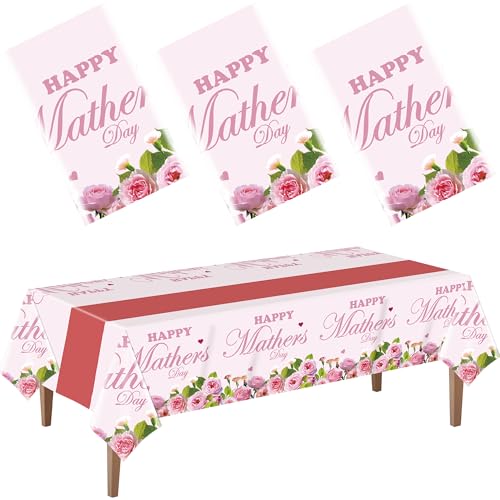 EUVBOKW 3 Pack Happy Mothers Day Plastic Tablecloth - Pink Rose Table Cloths 54" x 108" Disposable Rectangle Table Covers Mothers Day Decorations for Party Supplies Home Dinner Indoor Outdoor