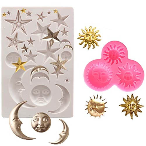 Fangleland Moules en silicone lune et étoile, motif soleil, moule à gâteau en silicone pour fête sur le thème du soleil, la lune, des petites étoiles et des décorations de biscuits au chocolat