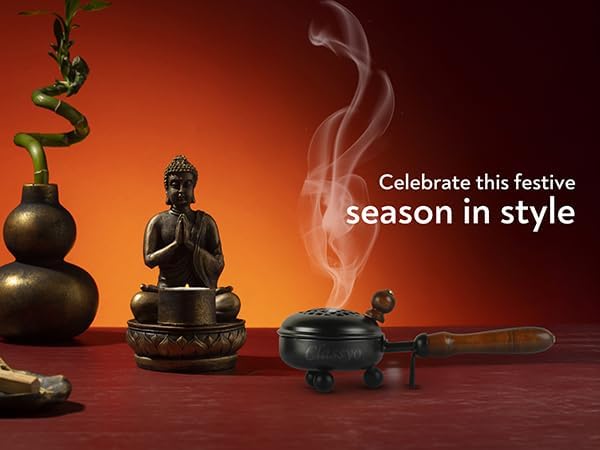 Image of Classyo Metal Dhoop Holder with Wooden Handle | Dhup Dani Loban Burner | Sambrani Dhoop Stand | Doopam Sambrani Holder for Puja | Loban Dhuni Burner (4 inch, Black, Round)