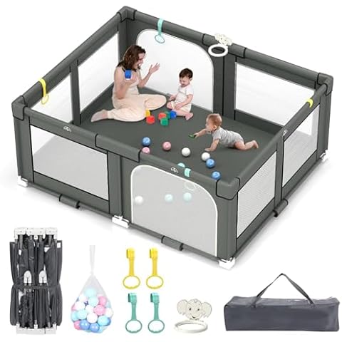 Tolead 72" x 59" Foldable Playpen for Babies and Toddlers, Extra Large Collapsible Play Pen with Basket, 4 Handlers & 50 Ocean Balls, Portable Travel Play Yard with Carry Bag, No Installation, Grey Cover
