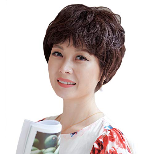 YXO 中高年フルウィッグ 女性用 人毛100% ハハかつら シルクつむじ 手植え カール 母のウィッグ レディース カツラ 医療用 白髪隠し パーマ 自然 ふんわり 通気性 ネット付き wig