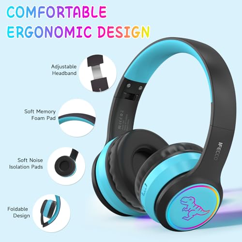 IFECCO Kids Wireless Headphones with Microphone,Children Boys Bluetooth Headphones with Case,LED Lights Dinosaur Kids Headphones for iPad/Children's Tablet/Smartphone/School - Image 4