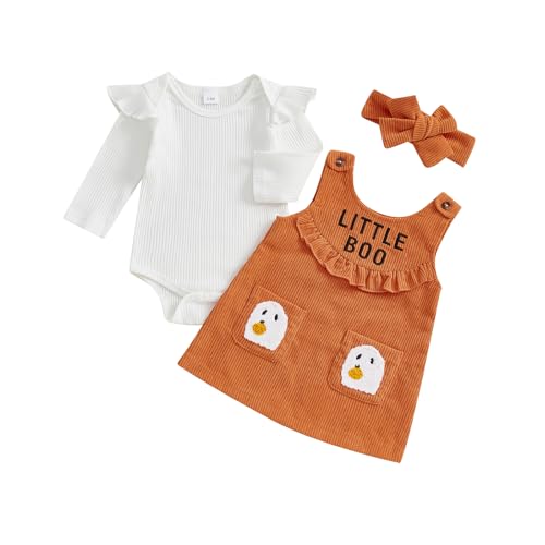 Geagodelia Baby Girl Halloween Outfit Clothes Set Newborn Pumpkin Ghost Clothing Baby Grows Bodysuit Top + Overall Dress My First Halloween (Little Boo - Orange, 6-12 Months)