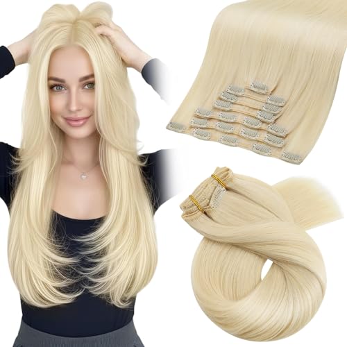 Image of Moresoo Blonde Hair Extensions Clip ins Light Blonde Long Human Hair | Clip in hair extensions human hair, light blonde, 24 inch 120g 7pcs for soft straight long styles
