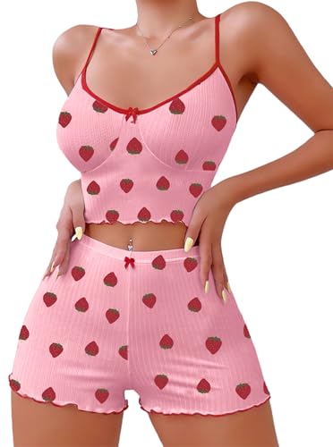 Image of Hilinker Womens Graphic Print Ribbed PJ Set Crop Cami Tops and Shorts Cute Pajamas Set