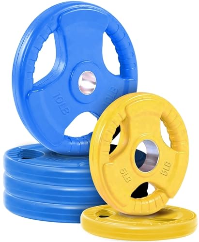 French Fitness 50 lbs Colored Rubber Grip Olympic Plate Set – Durable Rubber-Coated Weights, Color-Coded, Slotted Grip for Gym or Home Use