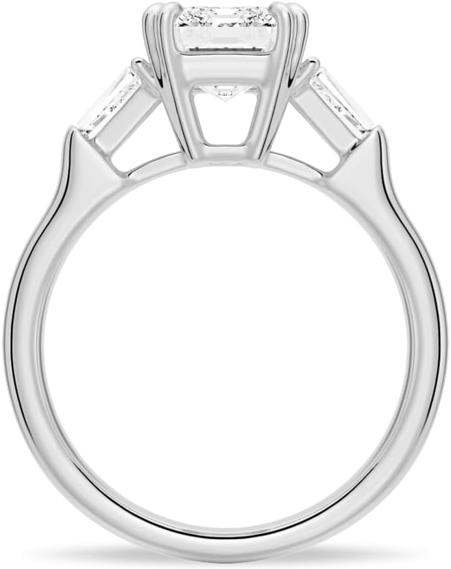 MSBLUE® Emerald Cut Engagement Ring, 2ct Moissanite with Tapered Baguette Side Stones, Sterling Silver with 14K Gold Vermeil, Rhodium Finished - Image 3