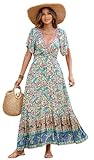 R.Vivimos Damen Sommer Kurzarm V-Ausschnitt Kleider Boho Blumen Patchwork Kleid Empire Taille A Line Rüschen Maxikleid(XL,Grün)