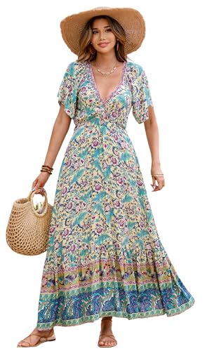 Image of R.Vivimos Women's Summer V Neck Maxi Dress Boho Floral Print Short Sleeve Elastic Waist Ruffle Patchwork A-Line Beach Dress