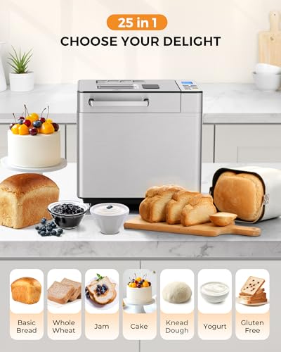 EUHOMY 25-in-1 Bread Maker Machine 2LB Breadmaker, Bread Machines with Nut Dispenser and Yeast Dispenser, 3 Loaf Sizes 3 Crust Colors, Dough Maker with Customized Options, Gluten-Free, Recipe, Gifts