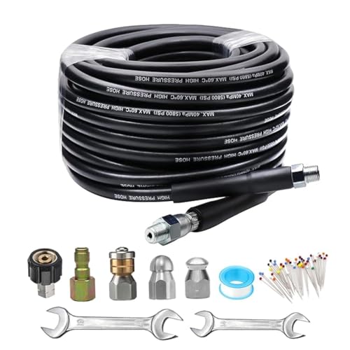 Aim Tools High Pressure Washer Sewer Jetter Kit Drain Cleaner Hose 30M / 100 FT, 5800 PSI, 1/4 Inch NPT, M22 14mm Fitting, Corner Rotating and Button Nose Sewer Jetting Nozzle