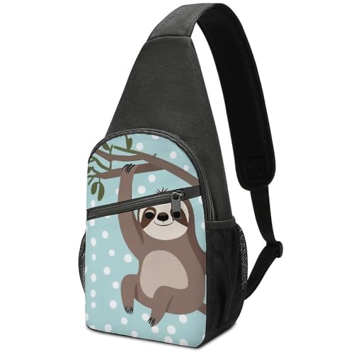 Cool Cute Sloth on Green Branch Funny Chest Bag for Men, Large Capacity Portable Crossbody Backpack with Breathable Shoulder Strap, Multi-Pocket Sling Bag for Travel