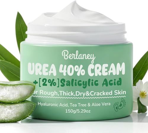 Berlaney Urea Cream 40 Percent For Feet Maximum Strength plus 2% Salicylic Acid 5.29 oz, Fast-Absorbing Foot Cream for Dry Cracked Skin with Tea Tree ＆ Aloe Vera, Callus Remover, Deep Moisturizing