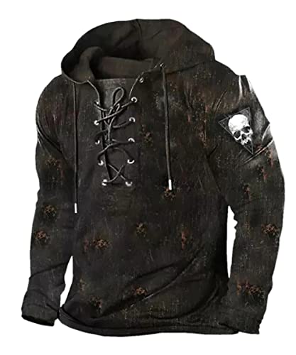 Mens Vintage Tactical Pullover Hooded Outdoor Lace-Up Skull Print Distressed Sweatshirt Tops