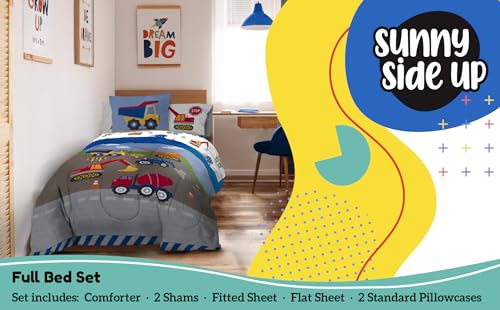 Sunny Side Up Construction Zone Full Comforter Set - 7 Piece Kids Bedding Includes Comforter, Sheets & Pillow Cover - Super Soft Vehicles Microfiber Bed Set