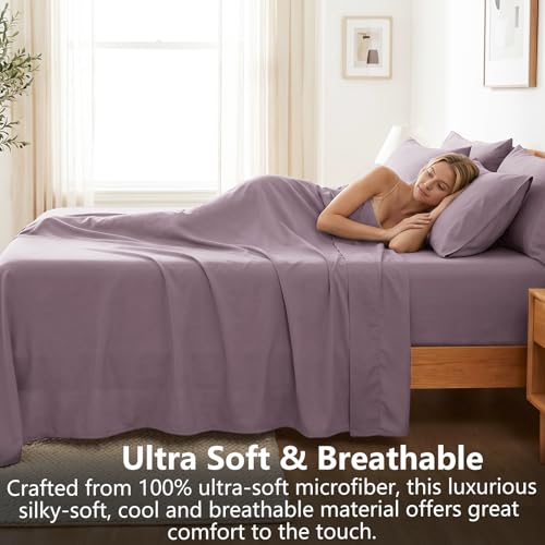 Image of CozyLux 6-Piece Cal King Sheet Set, Fits 18-21 Inch Mattresses, Oeko-TEX | 4 Pillowcases, 1 Flat Sheet and 1 Fitted Sheet with All-Around Elastic and 21-Inch Deep Pocket for a Secure Fit, Dusty Purple