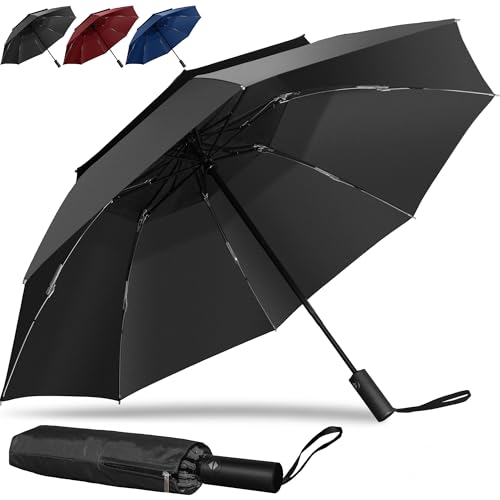Lehwoik Umbrella Windproof Strong, Double Canopy Folding Brolly, 8 * 2 Fiberglass Ribs, Compact Travel Umbrellas, Inverted Design, Auto Umbrella One Button Open/Close with Anti-Rebound Handle - Black