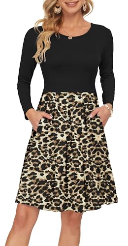 AUSELILY Damen Langarm Plissee Loose Swing Freizeitkleid mit knielangen Taschen Braun Schwarz J Leopard M
