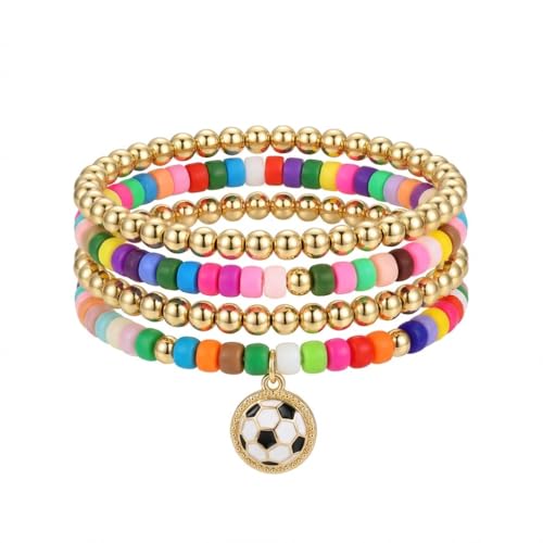 FAFUBOTIF Fashion soccer bracelet 14K gold-plated bead chain with cute sports charm - elastic bead soccer bracelet - gift for friends(Style-Soccer01)