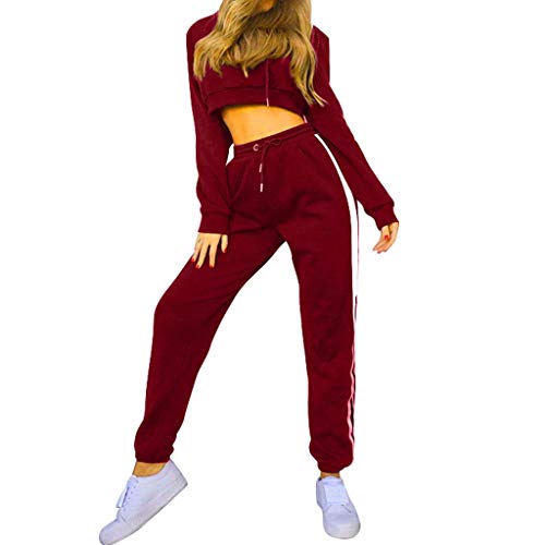 Damen Sexy Sportanzüge 2 Stück Set Mode Crop Top Mit Kapuze Kapuzenpullover und Slim Fit Jogginghose Sporthose Sets Bauchfrei Tops mit Tunnelzug Freizeitanzug Jogginganzug Tanzenanzug S-XL Cover