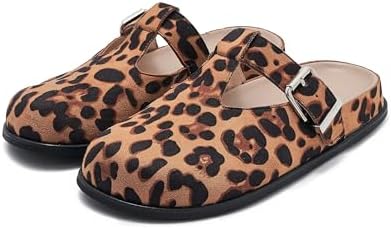 Women's Suede Clogs Round Toe Faux Calf Hair Leopard Mules Cork F...