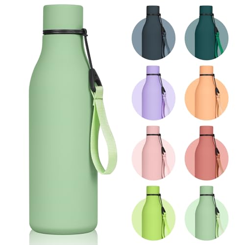 flintronic 550ml Gourde Isotherme, Bouteille d'eau en Acier Inoxydable avec Sangle, Double Paroi Sous Vide Bouteille d'eau Isotherme au 24h Froid/12h Chaud (Vert Thé Matcha