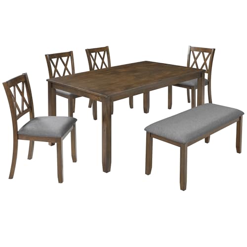 Image of LUMISOL 6-Piece Solid Wood Dining Table Set, Wood Kitchen Table with 4 Chairs and Bench, Farmhouse Dining Table with Bench and Chairs Set for Kitchen, Living Room, Walnut