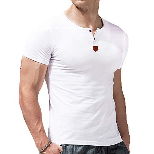 F.Honey Men's Casual Slim Fit Henley Shirts Short Sleeve Cotton T Shirt Summer Tops (XX-Large, MBS101-Light Grey)