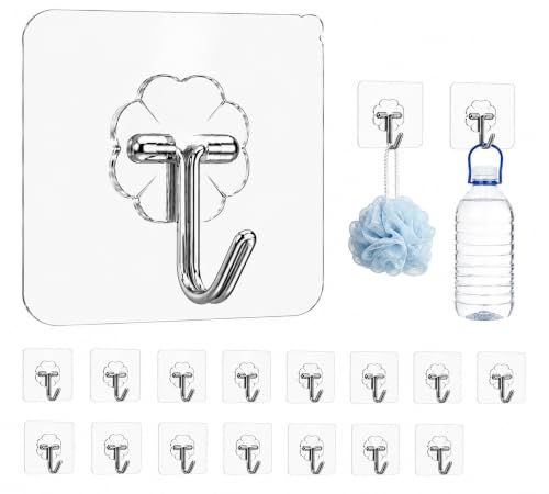 pride noble Adhesive Wall Hooks, Clear, Plastic, Heavy Duty, 16 Pack